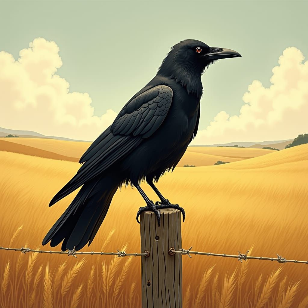 Majestic Crow in Golden Wheat Field