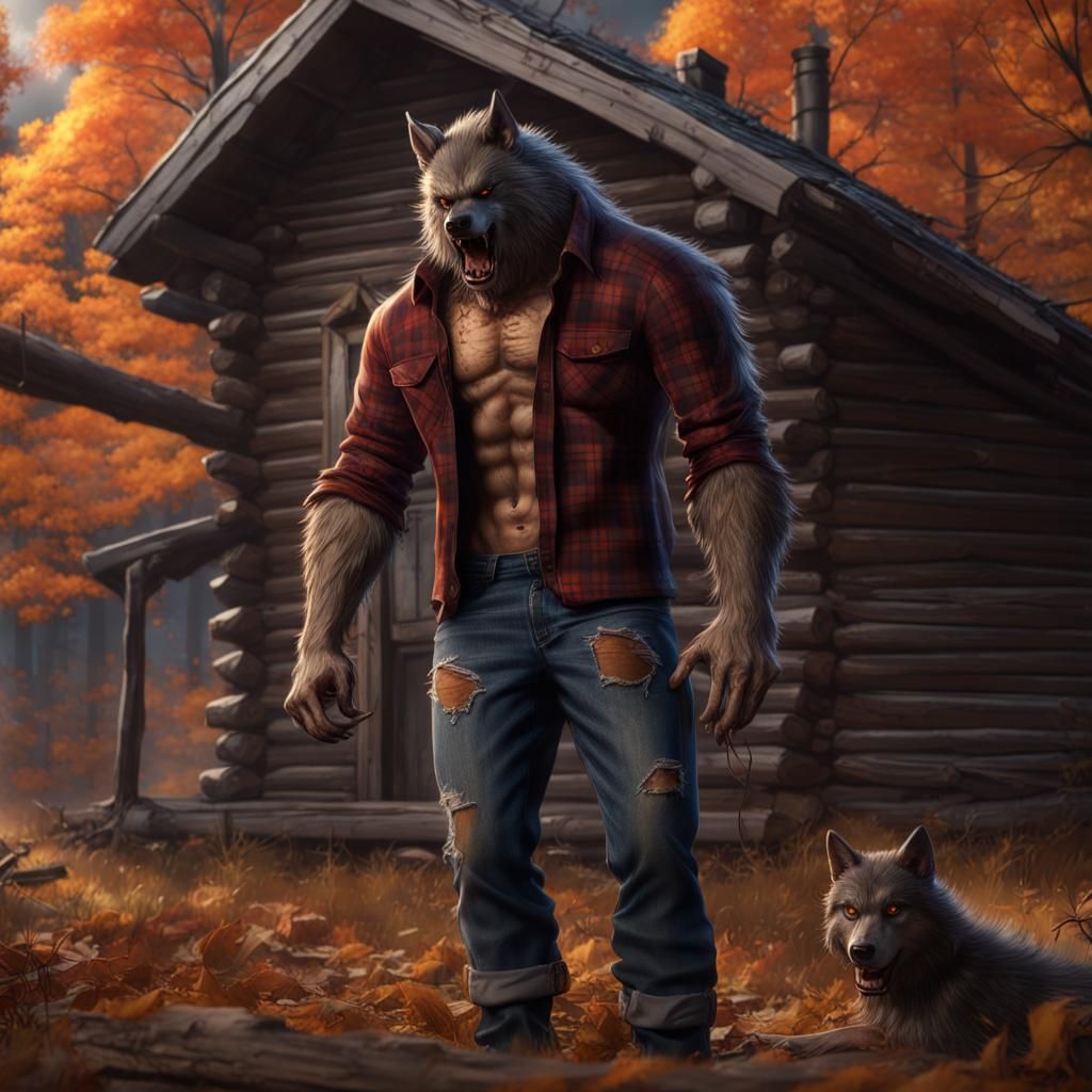 Muscular Werewolf Finds Solace in Autumn Northwoods Cabin