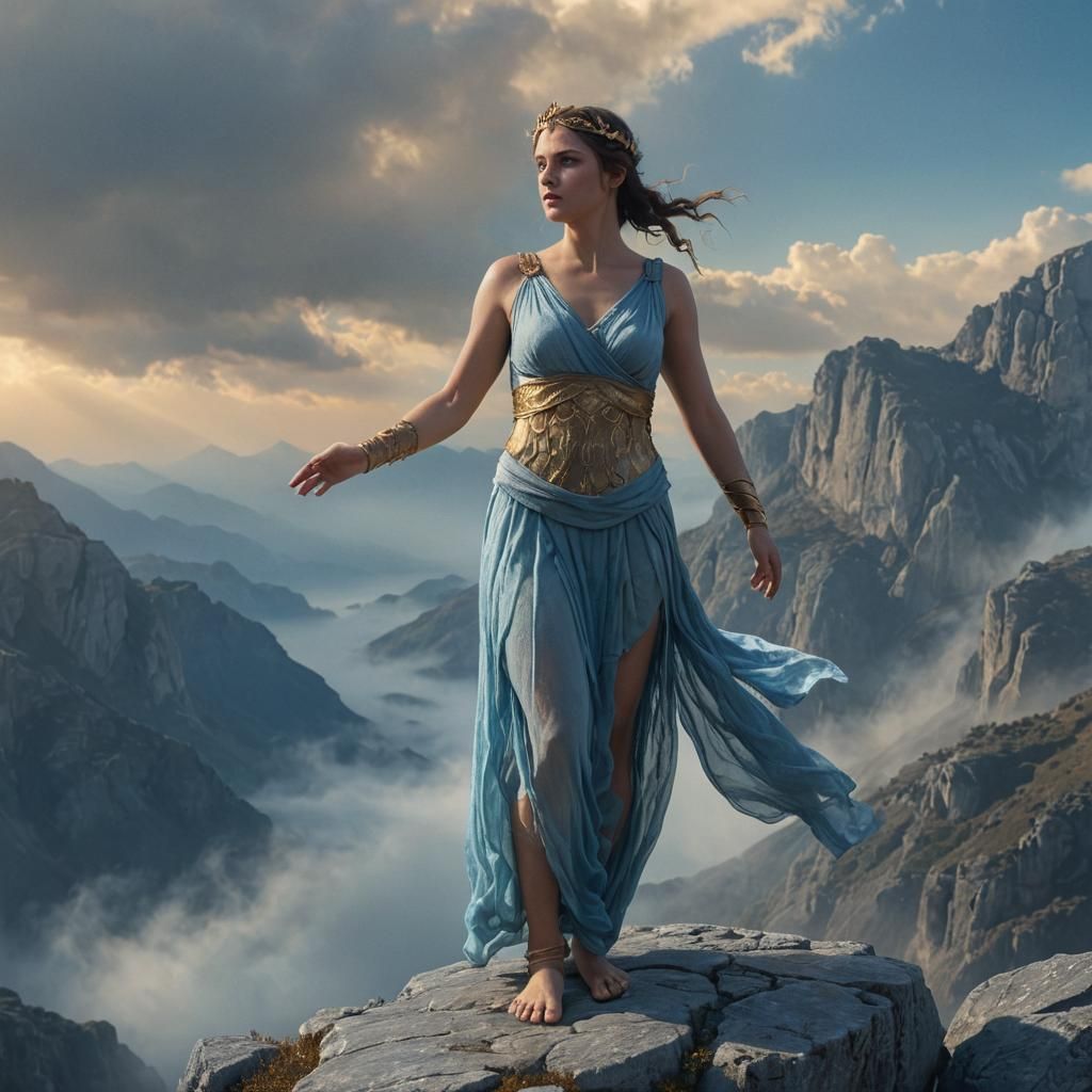 Ethereal Hebe Goddess Amidst Blended Blues and Golds