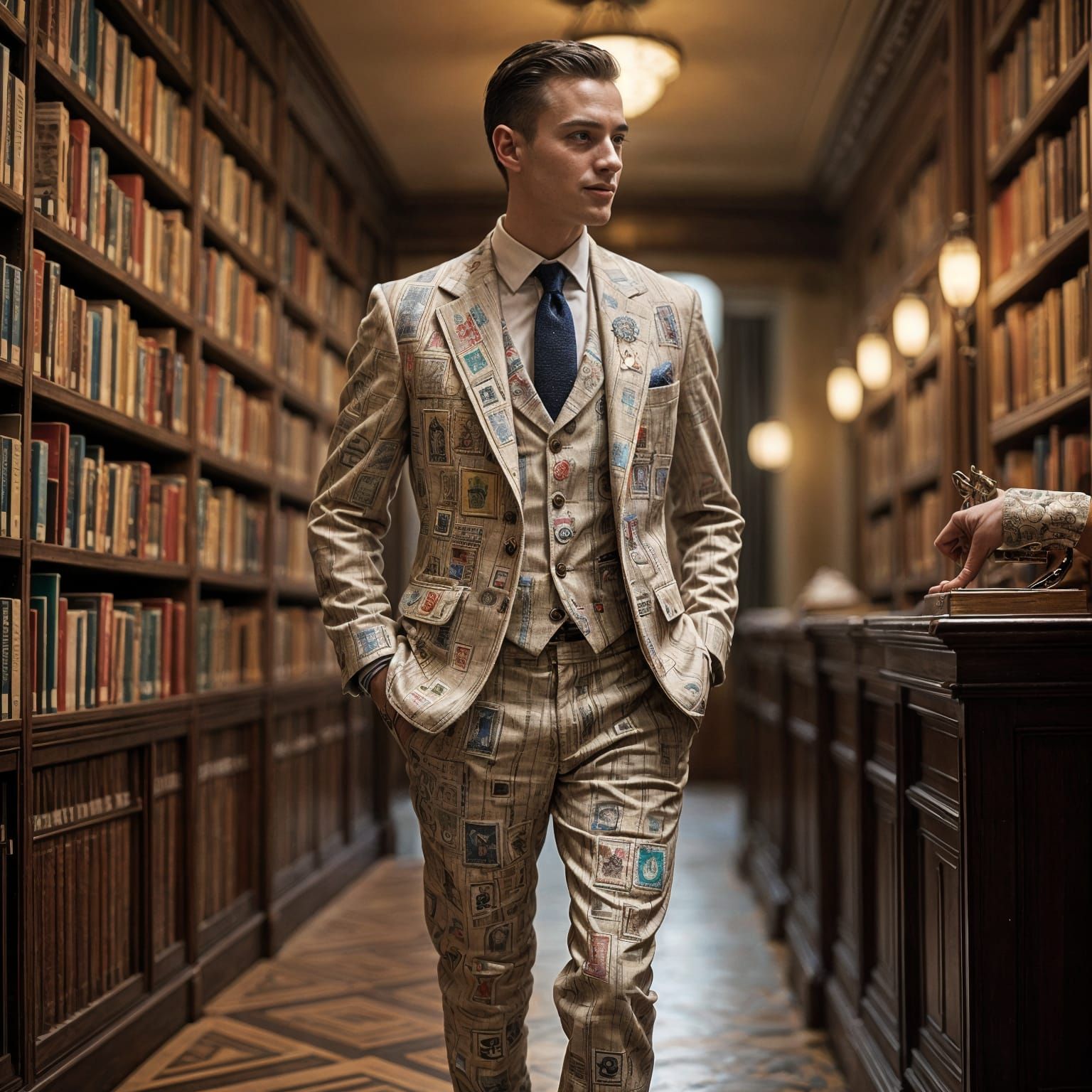 Postage Stamp Suit in Grand Library