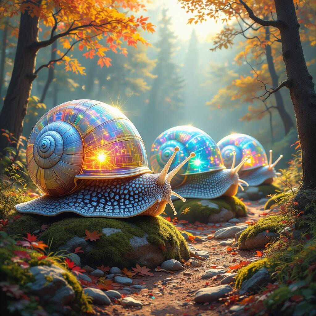 Crystalline Snails Eating Fall Foliage in Warm Sunlight