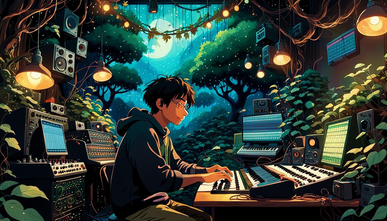 Whimsical Studio Ghibli-Inspired Music Producer in Enchanted...