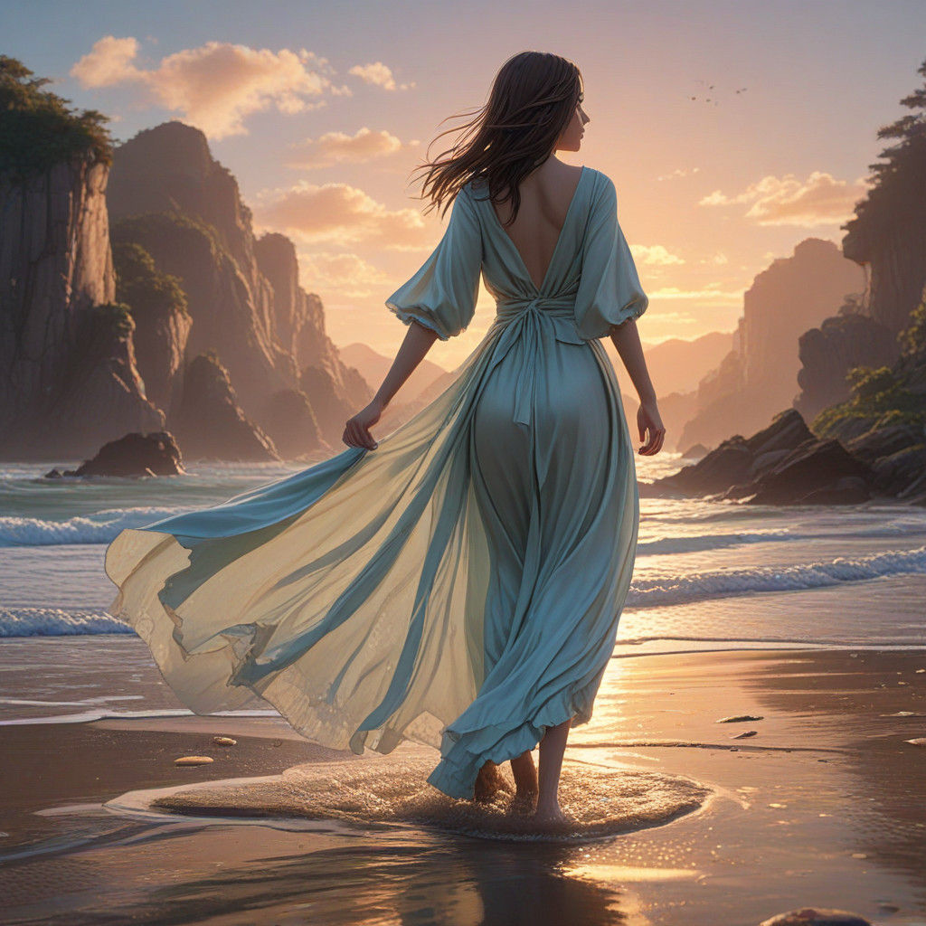 Ethereal Woman Strolls on the Waves in Vibrant Anime Style