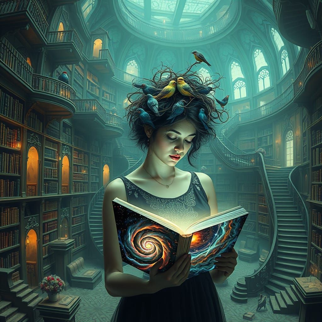 Surreal Library with Impossible Architecture and Glowing Boo...