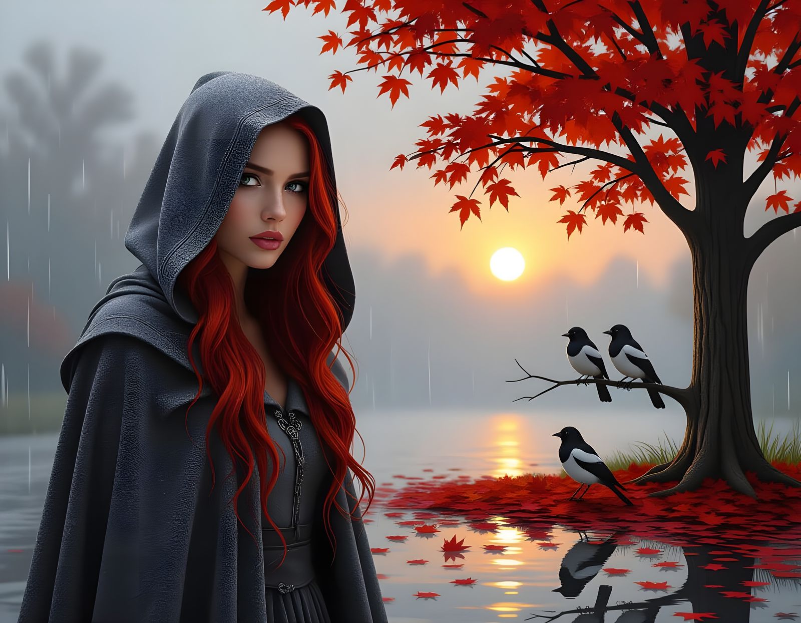 Autumn Woman in Rain, Red Hair, Misty Landscape