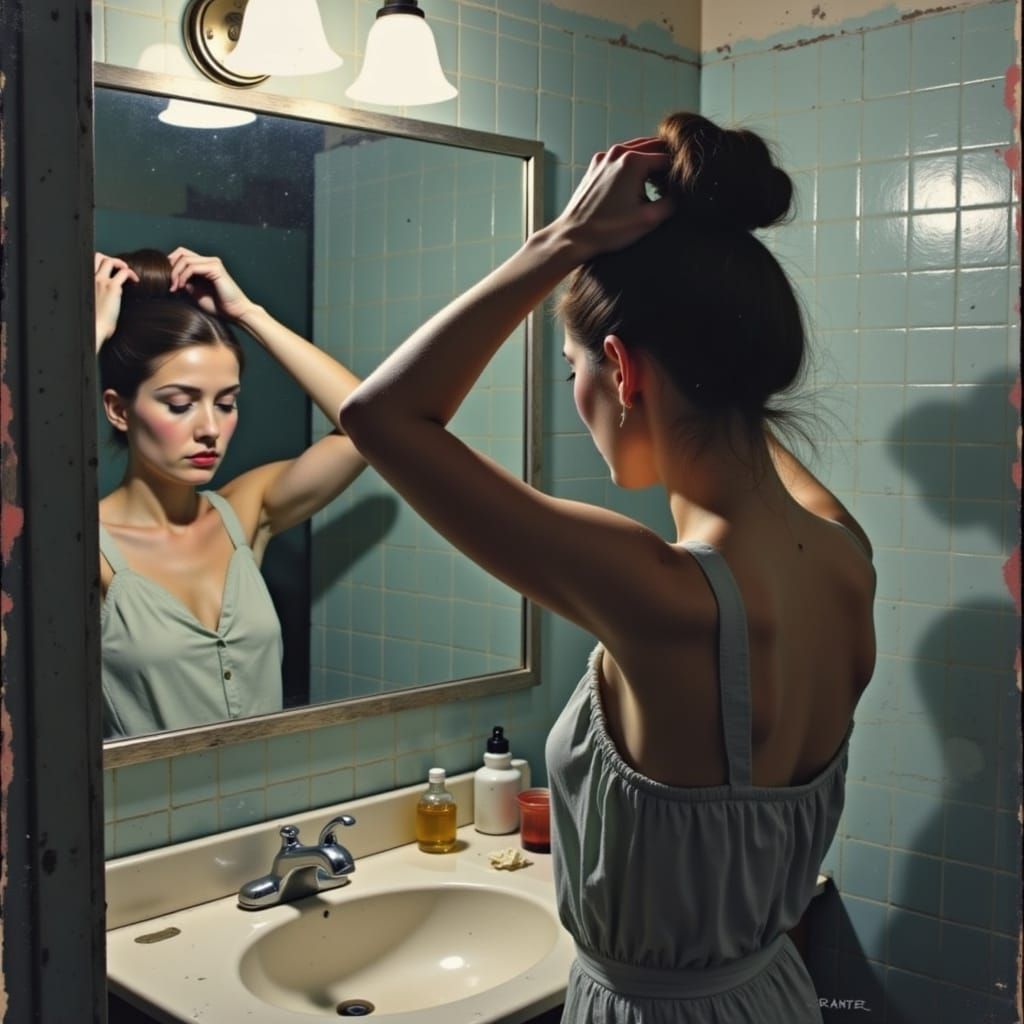 Melancholy Woman in 1950s Motel Bathroom