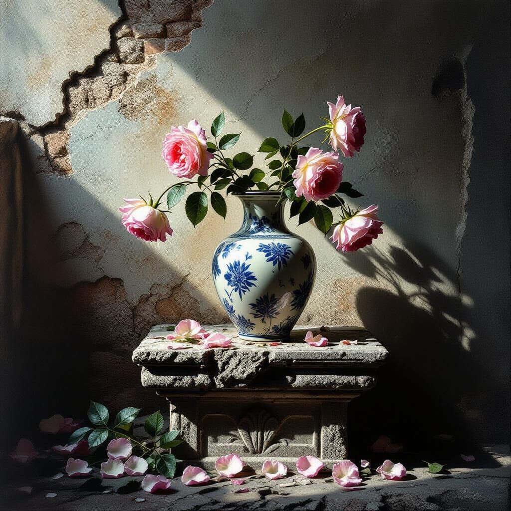 Gothic Roses in Cracked Vase: Fine Art Photography
