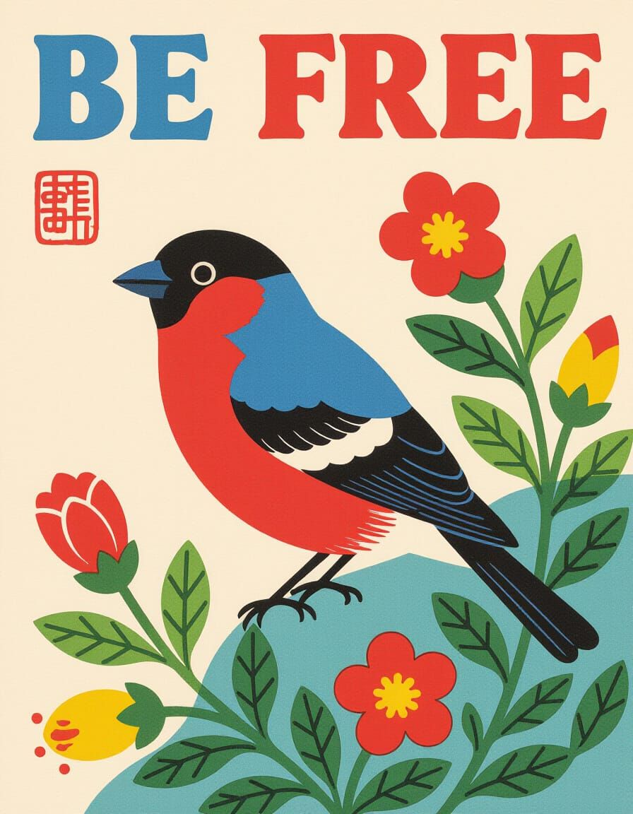 Bullfinch in Garden with Silkscreen Typography