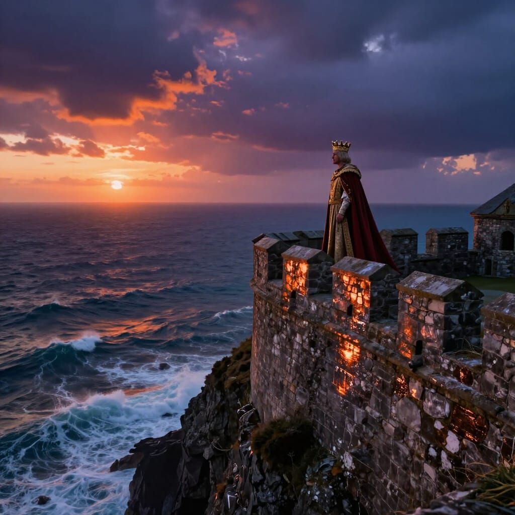 King Gazes From Detailed Stone Castle Over Stormy Ocean
