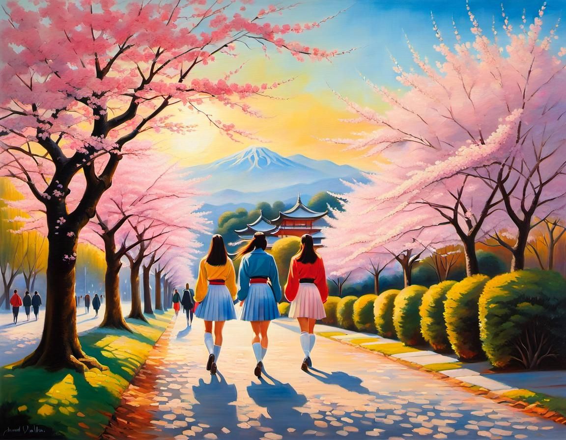 Cherry Blossom Streets of Kyoto: Three School Girls Stroll