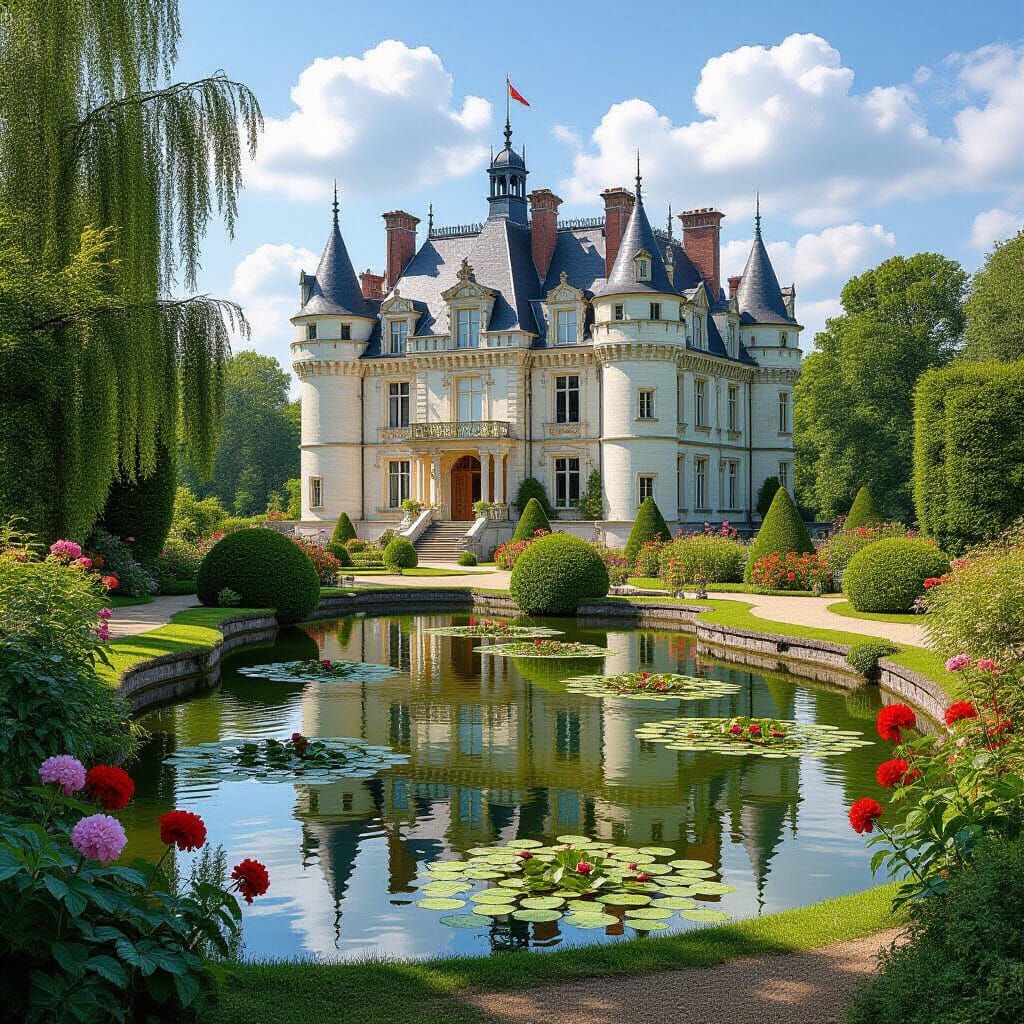 Elegant Garden with Castle in Impressionistic Style