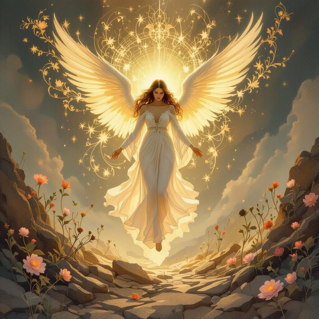 Ethereal Angel Rises From Shattered Landscape in Golden Ligh...