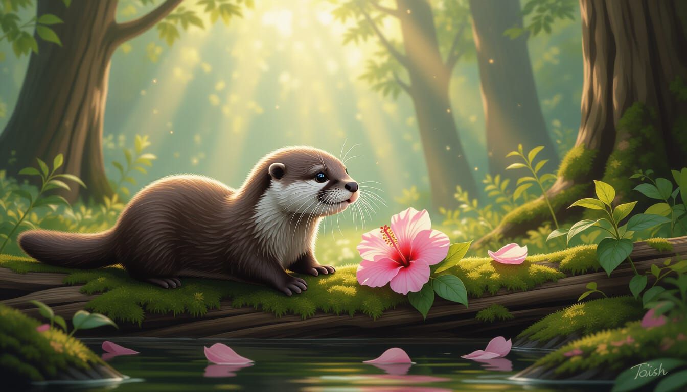 Playful Otter Chasing Hibiscus Flower in Forest