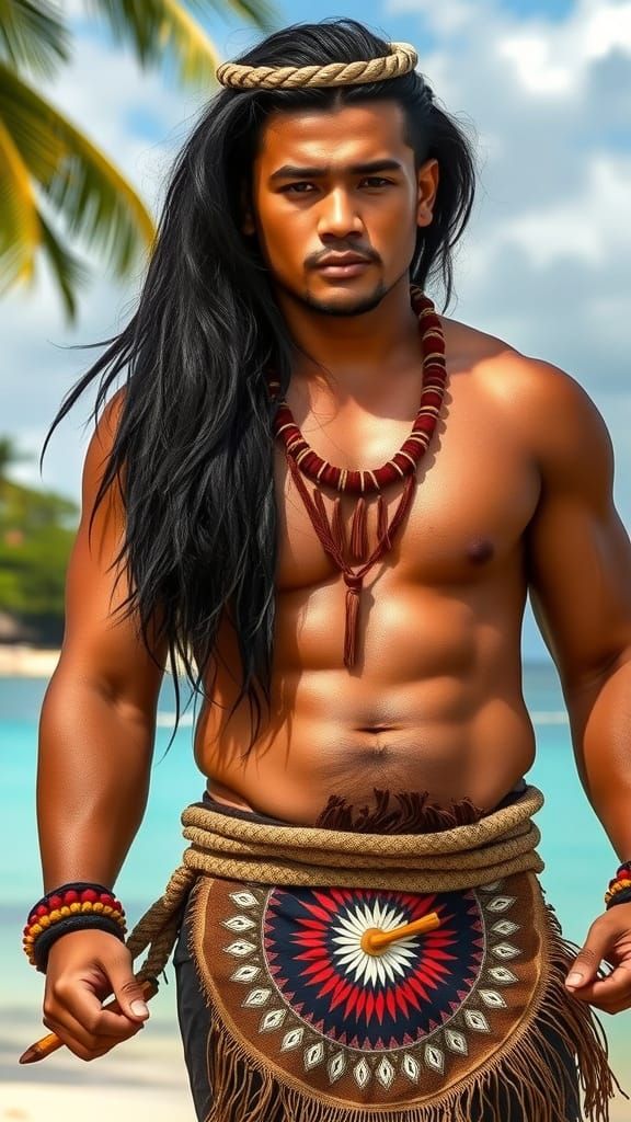 Maori Man on Tropical Beach Paradise