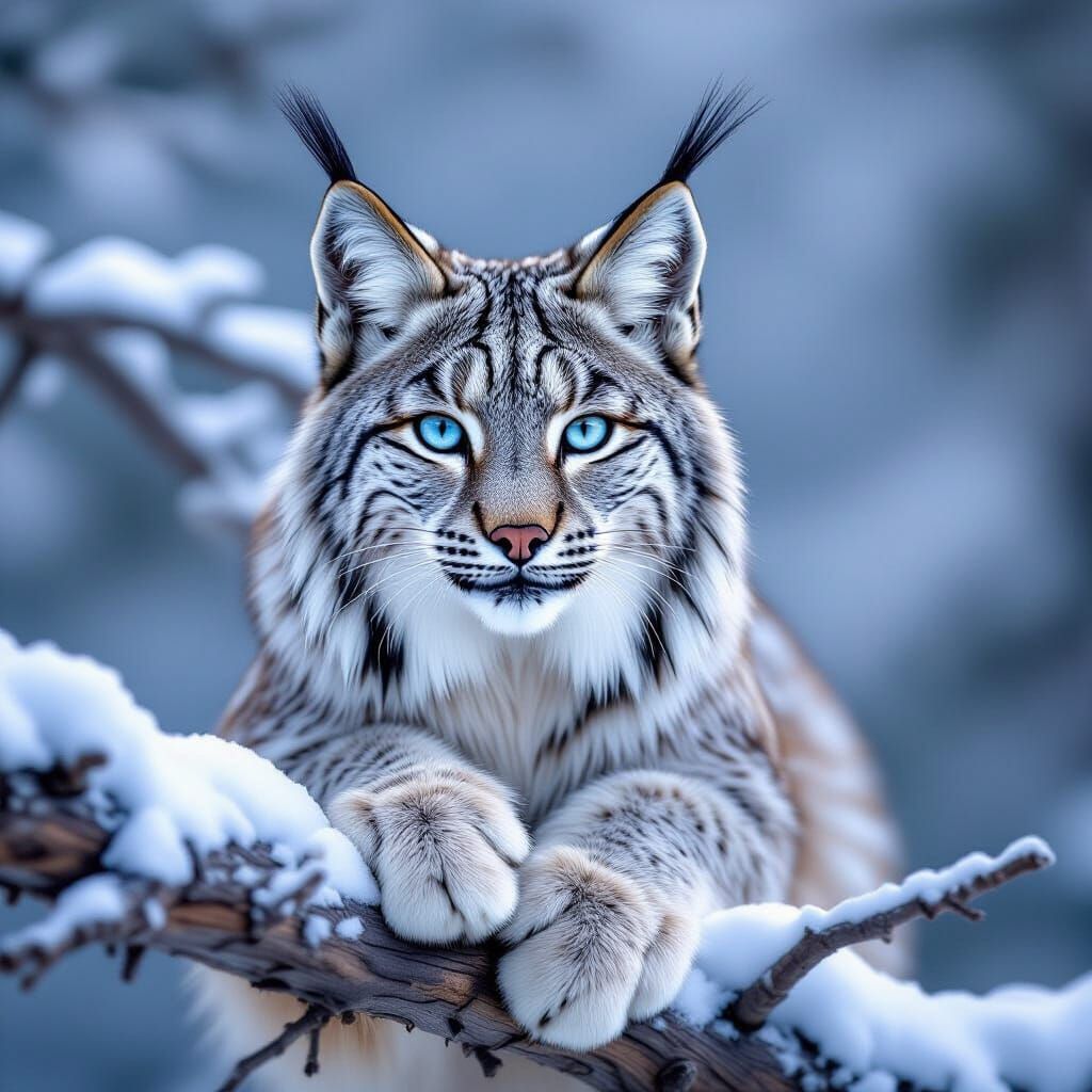 Majestic Lynx on Snowy Branch in Hyperrealistic Style