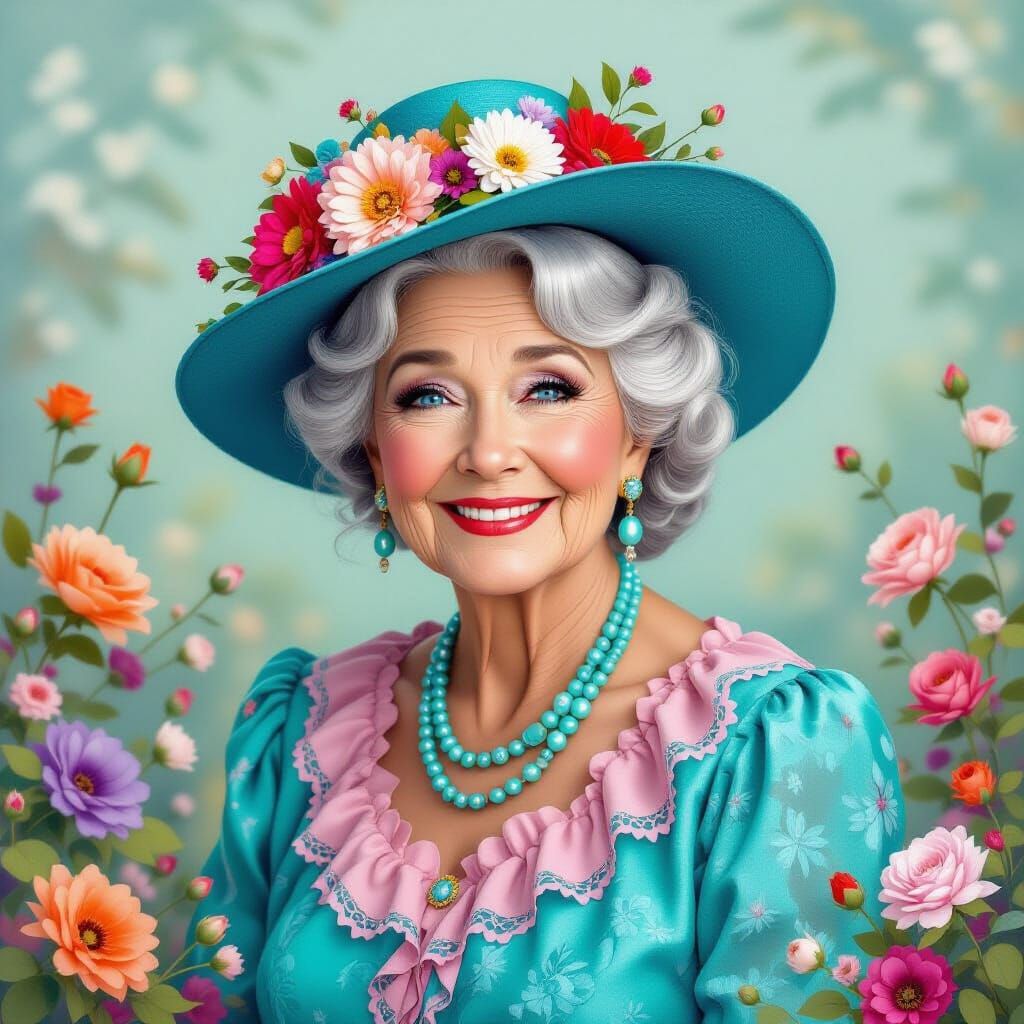 Joyful Elderly Woman in Floral Hat, Oil Painting Style