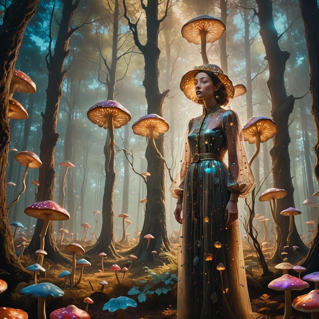 Ethereal Surrealist Woman in Vibrant Dream Forest