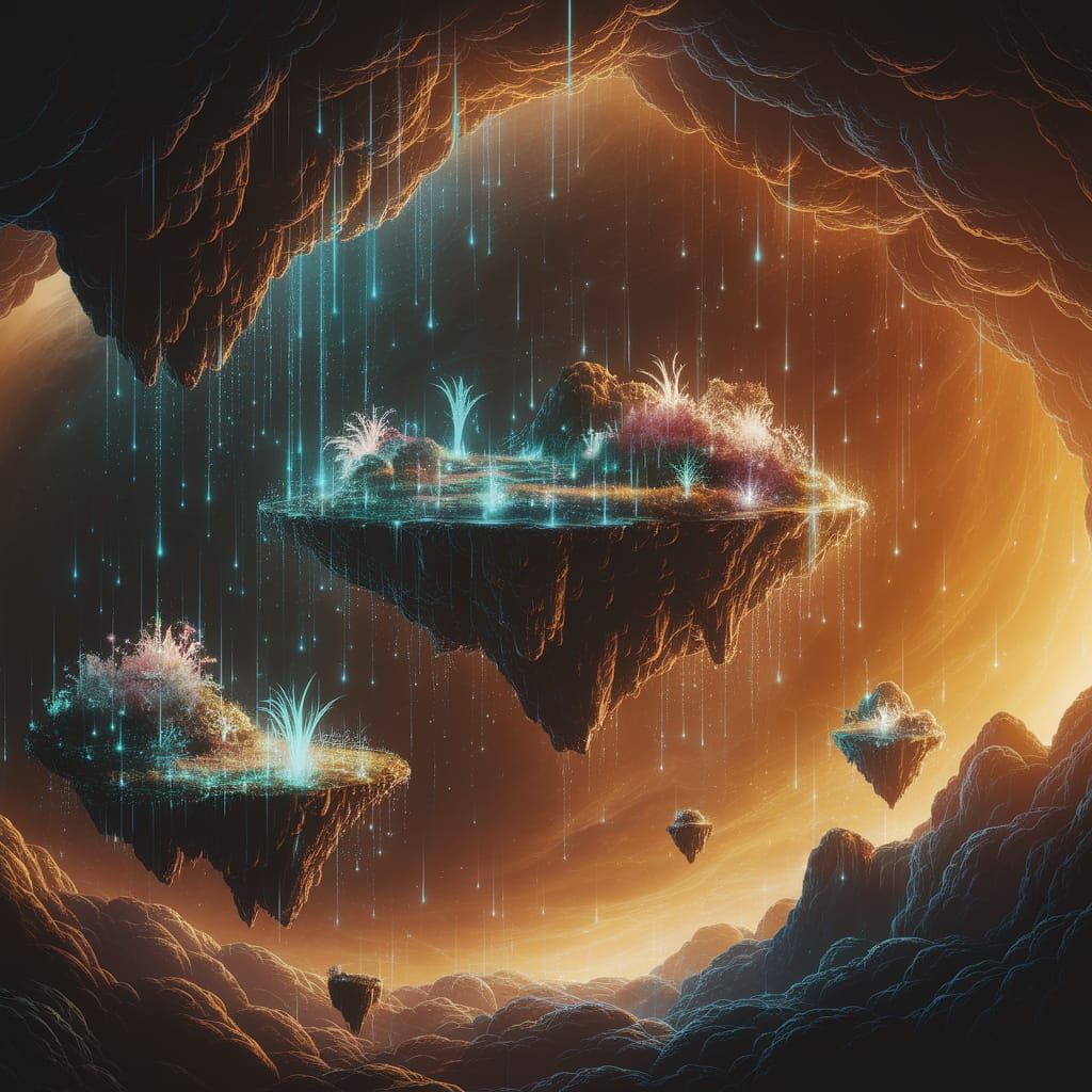 Cosmic Floating Islands Enveloped in Ethereal Rain