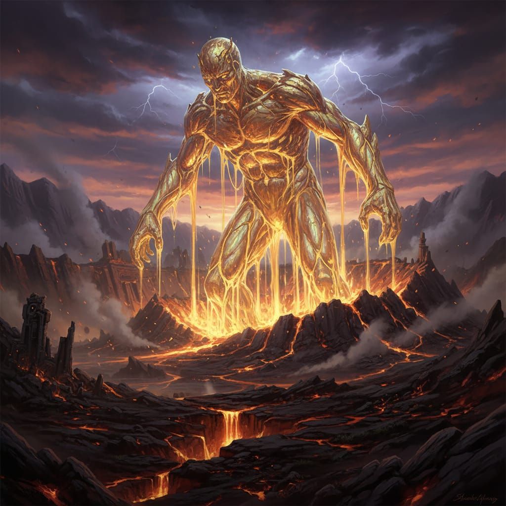 Molten Gold Titan Rises From Volcanic Caldera