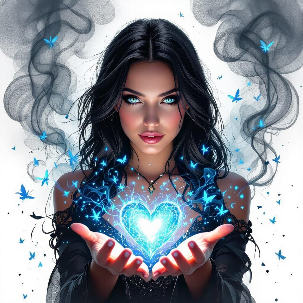 Goth Woman Offers Glowing Heart Amidst Matrix Spark