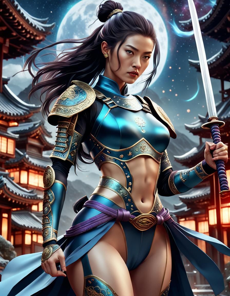 Cyberpunk Samurai Warrior Woman in Satin Armor with Cosmic L...