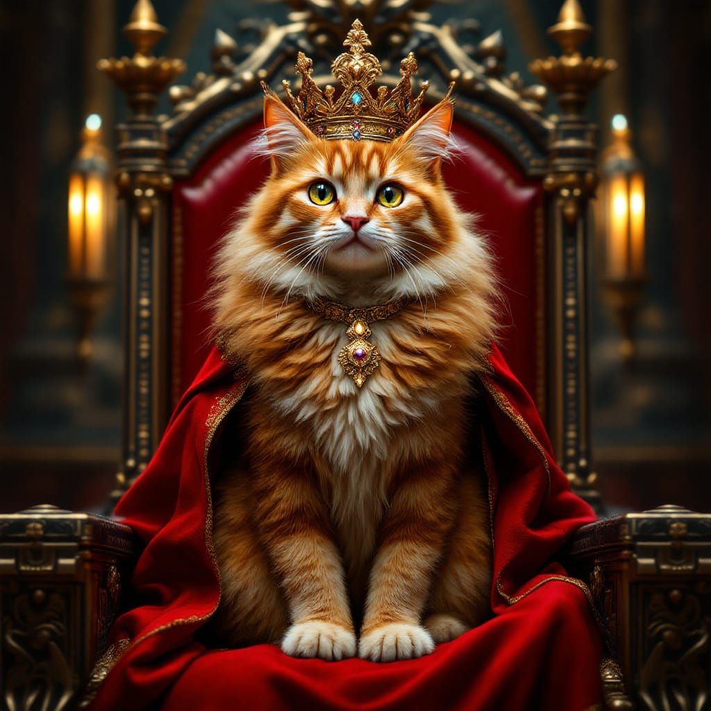 Regal Orange Tabby Cat Crowned on King's Throne