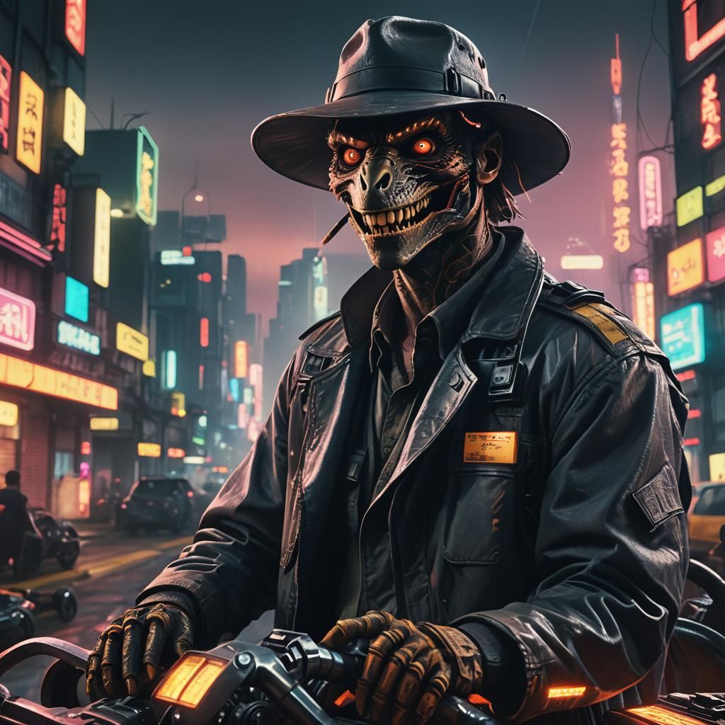 Cinematic Cityscape with Smiling V-Raptor