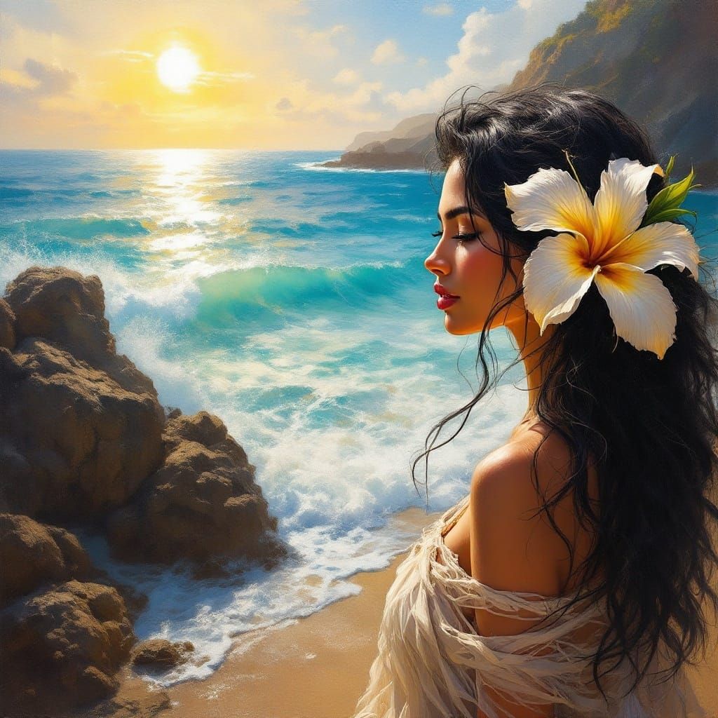 Romantic Maori Woman Amidst Oceanic Splendor in Impressionis...