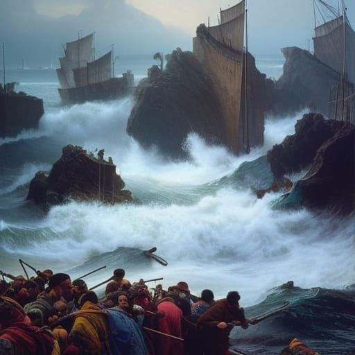 Man Parting the Sea with a Rod in Majestic Biblical Scene