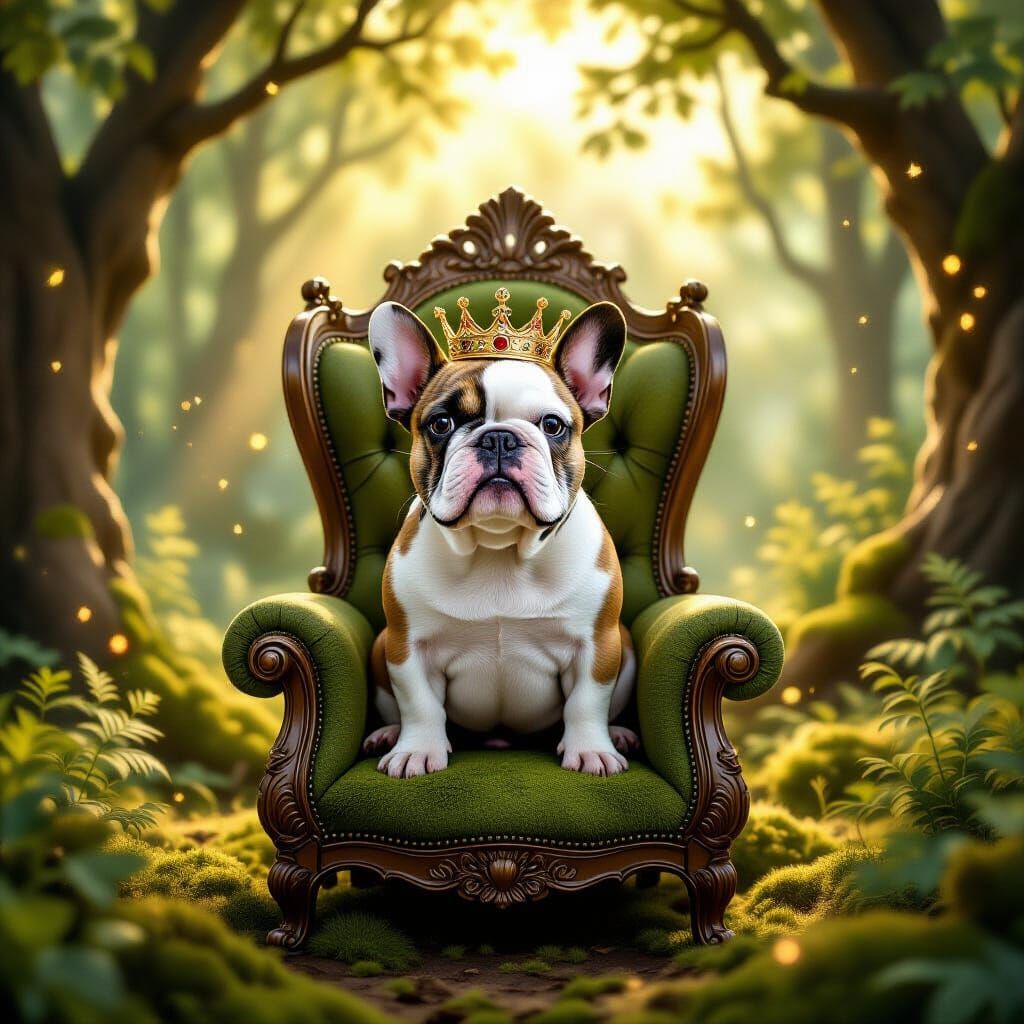 French Bulldog King on Throne in Enchanted Forest