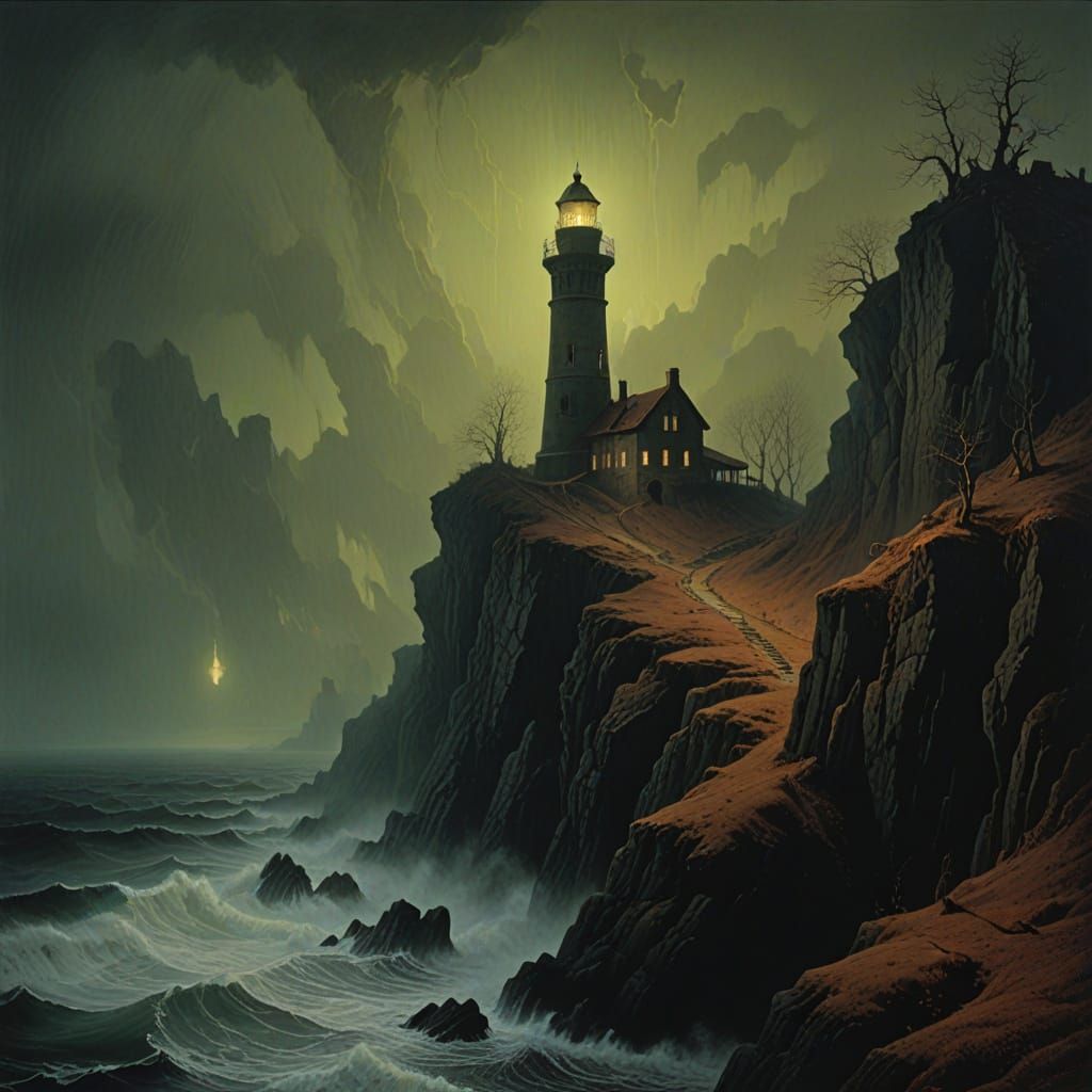 Gothic Lighthouse in Autumn Fog, Cosmic Glow