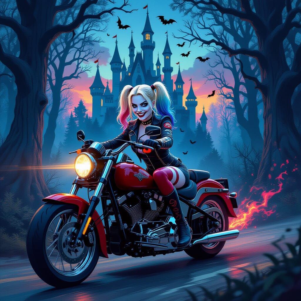 Harley Quinn on Motorcycle in Mystical Forest