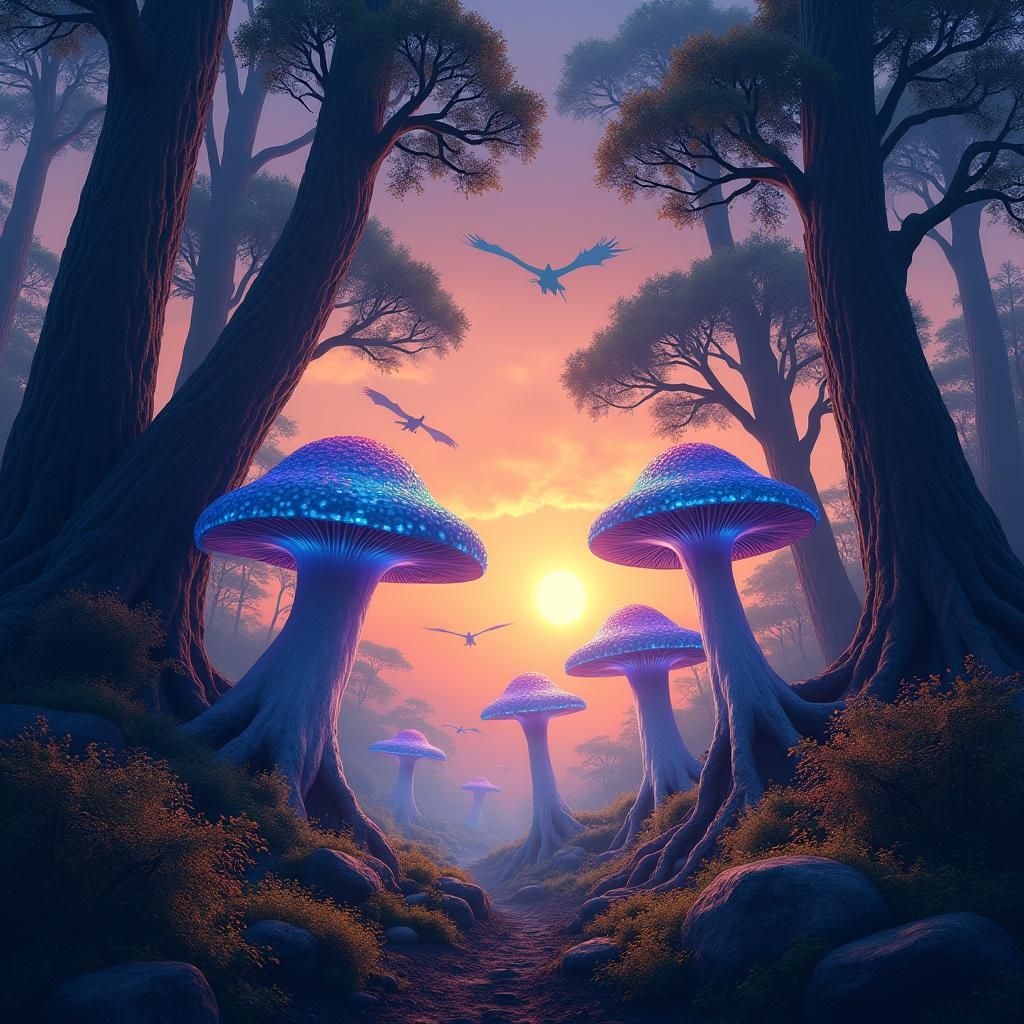 Enchanted Dreamforest with Luminous Mushrooms and Majestic D...