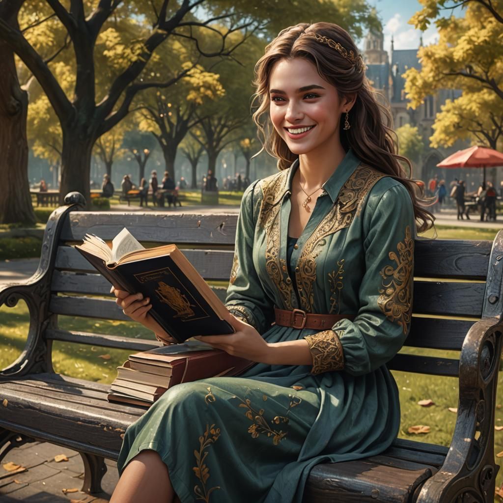 Woman Sits on Park Bench, Book in Hand, in Fantasy Art Style