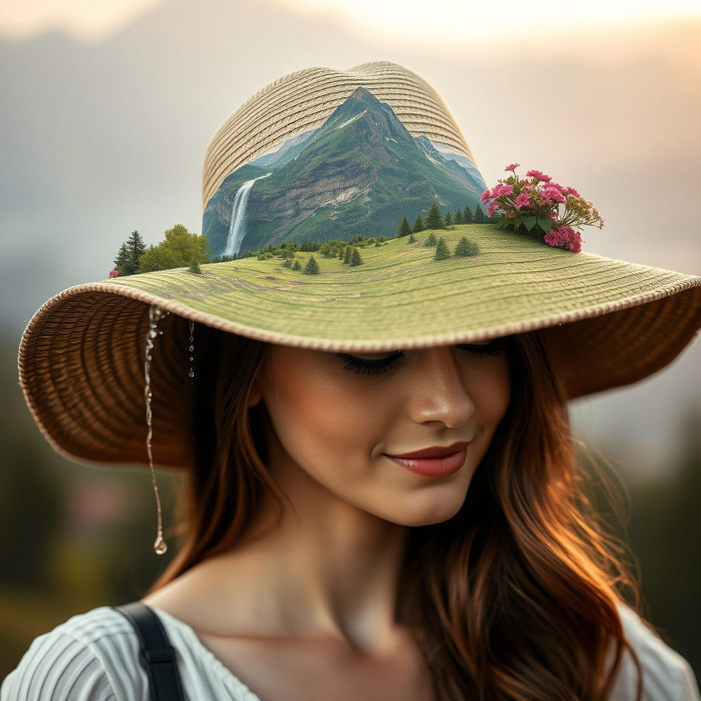 Serene Mountain Landscape Embroidered on a Wide-Brimmed Hat