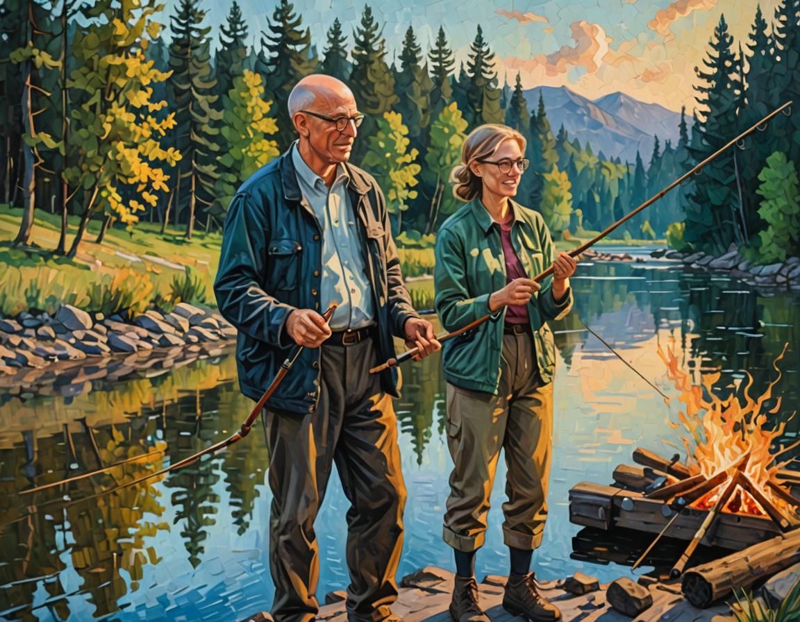 Fishing Father and Daughter in Neo-Impressionist Oil Paintin...