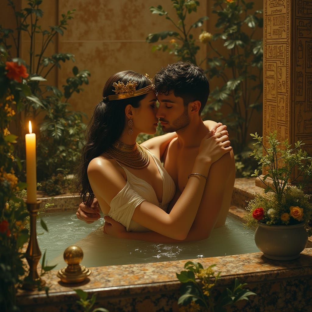 Egyptian Queen and Roman Soldier in Intimate Bath Scene