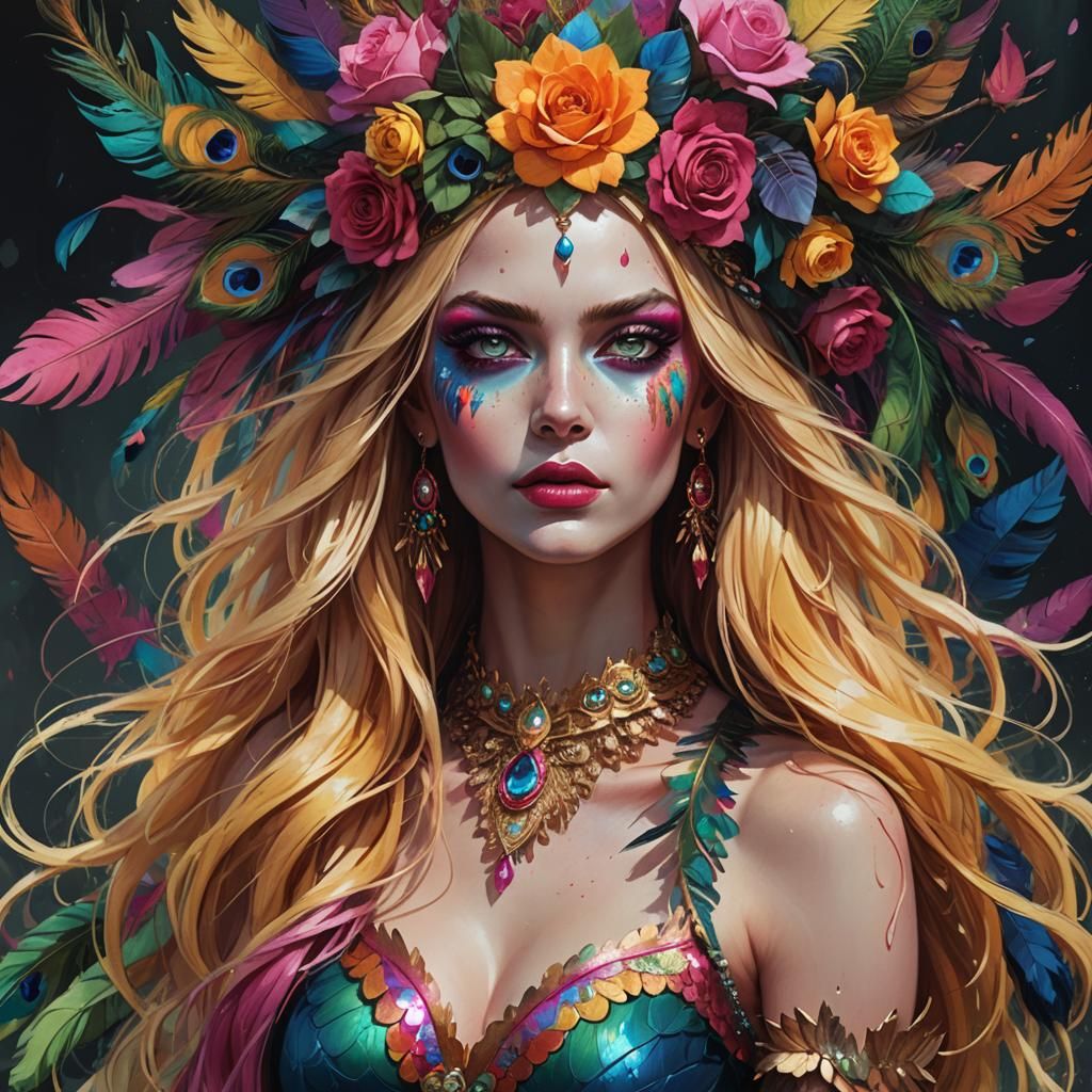 Surreal Goddess Unfurls Rainbow Majesty in Vibrant Fantasy R...