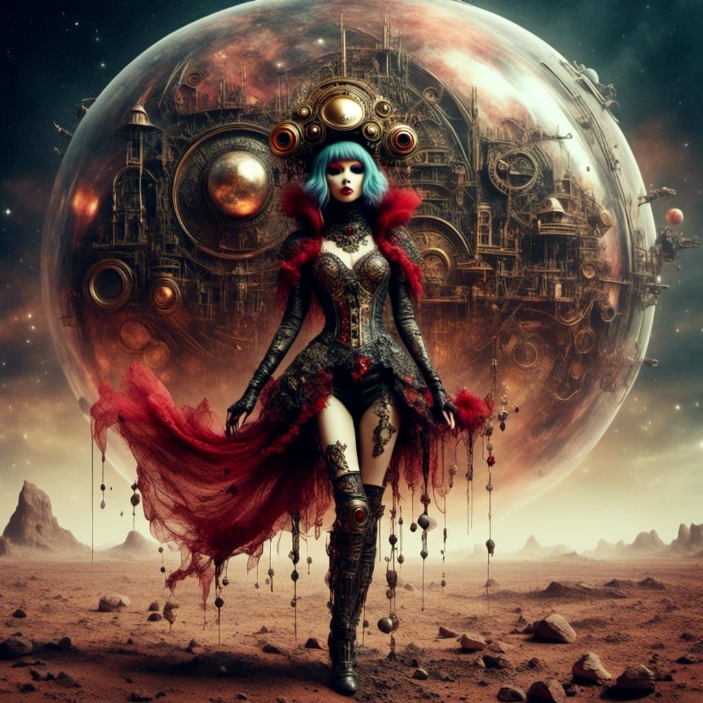 Exotic Cyberpunk Alien Woman Walks on Mars Through Ancient P...