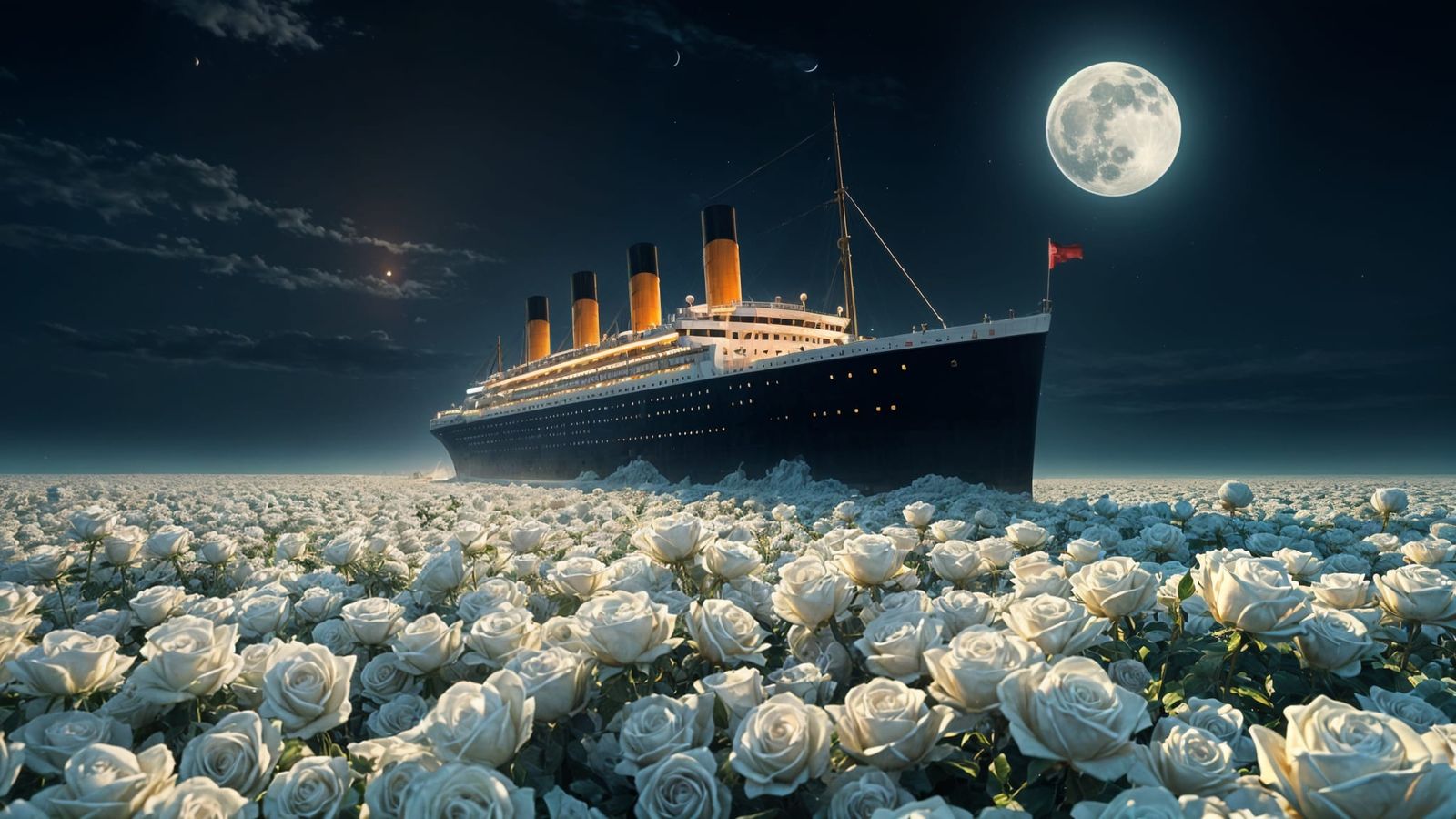 Surreal Titanic Majesty Soars Above Ocean of Roses Under Nig...