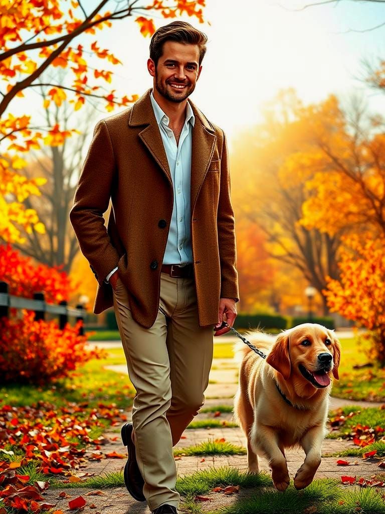 Charming Man Walking Dog in Autumn Landscape
