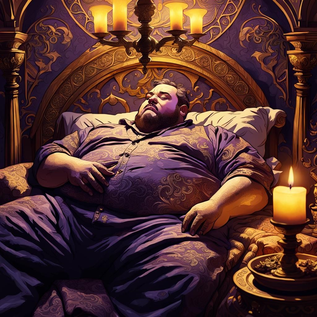 Fat Lazy Man in Deep Slumber on Luxurious Bed