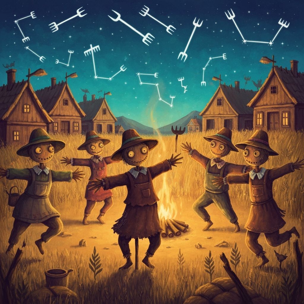 Scarecrows Celebrate Harvest in Folk Art Style