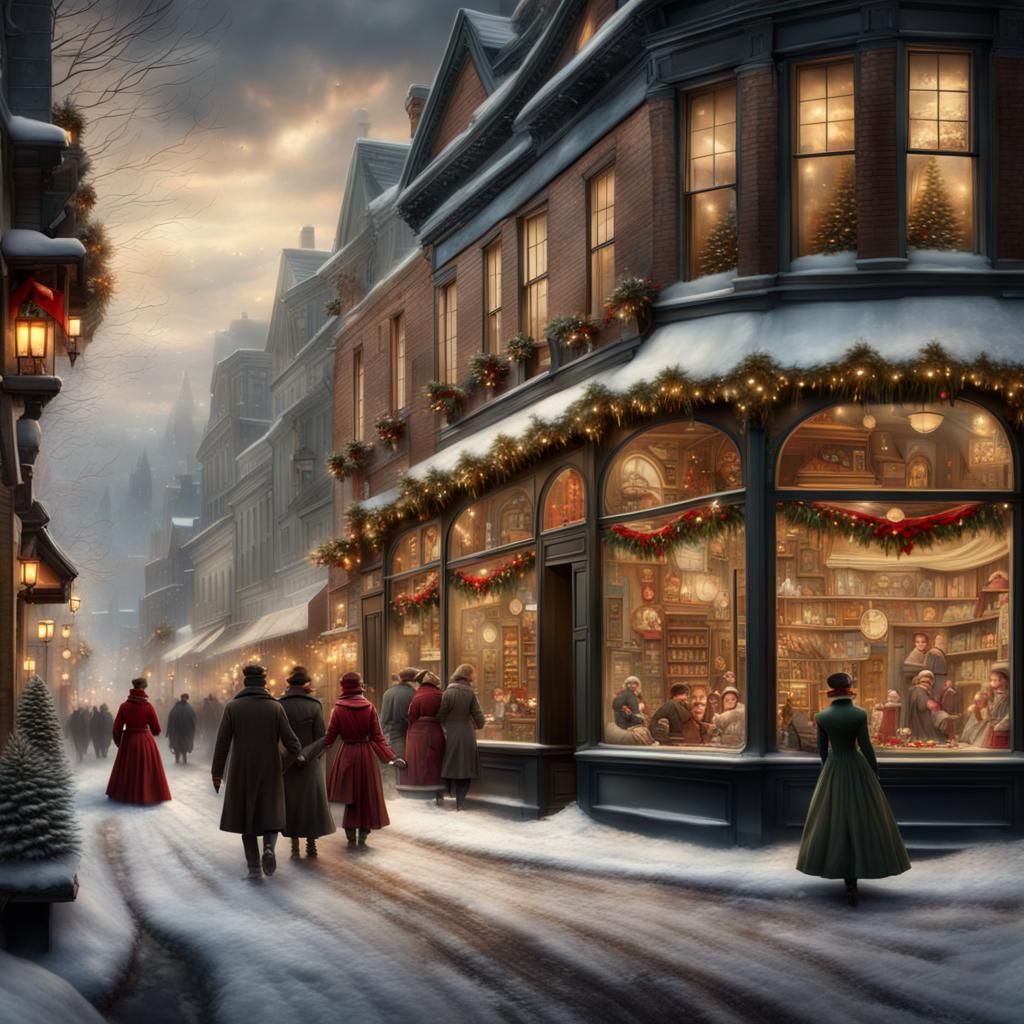 Vibrant 19th Century Christmas Street Scene in Impressive Di...