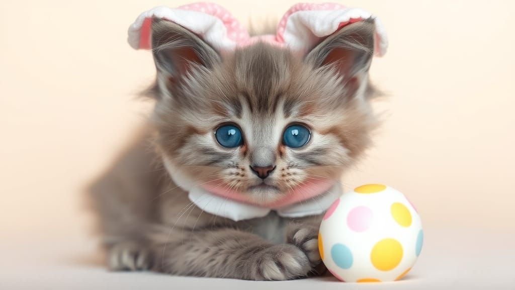 Cute Grey Kitty Plays Easter Bunny