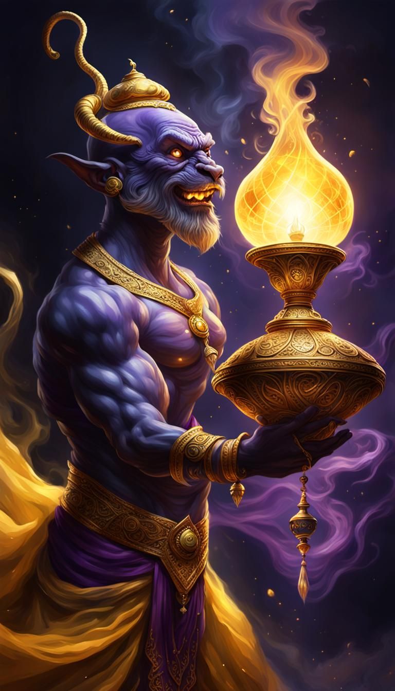 Mystical Genie Emerges from Ancient Lamp in Dark Fantasy