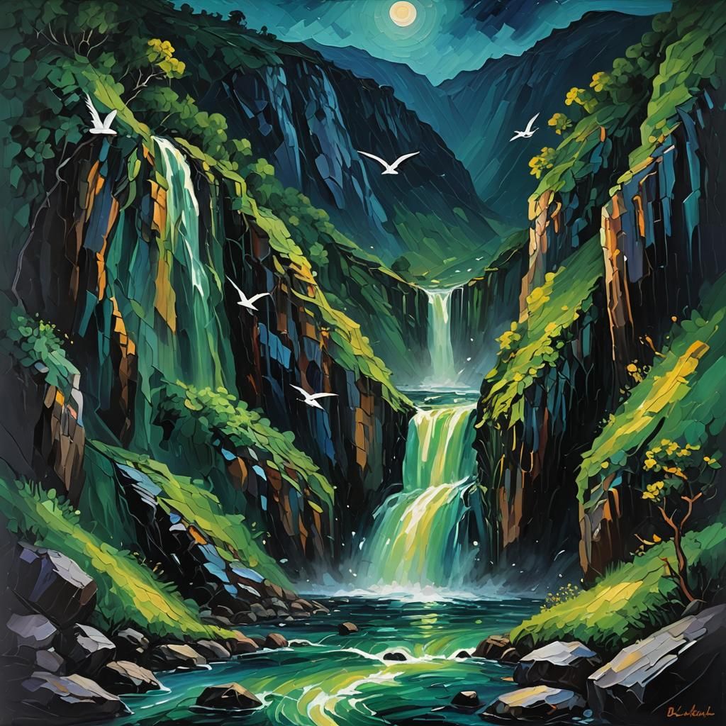 Vibrant Nocturnal Landscape in Neo-Impressionist Style