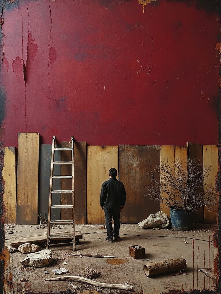 Hallucinatory Scene of Man on Ladder in Surreal Style