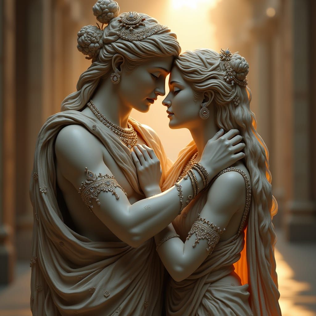 Hyper-Realistic Marble Statue of Radha and Krishna in Tender...