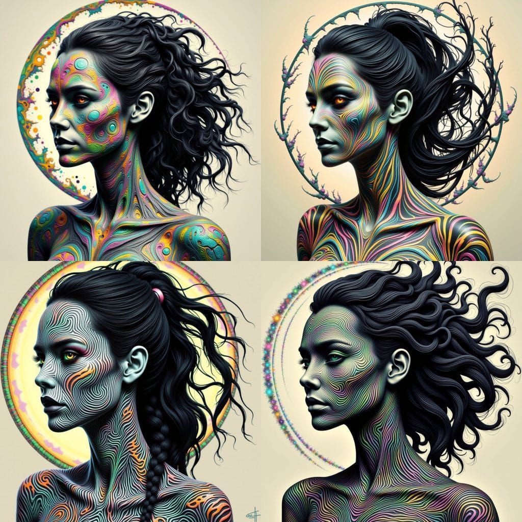 <lora:-Darken-:1.3> glowing cracks an Otherworldly Sapient Hybrid huntress with Damascus steel amalgamations in differen...